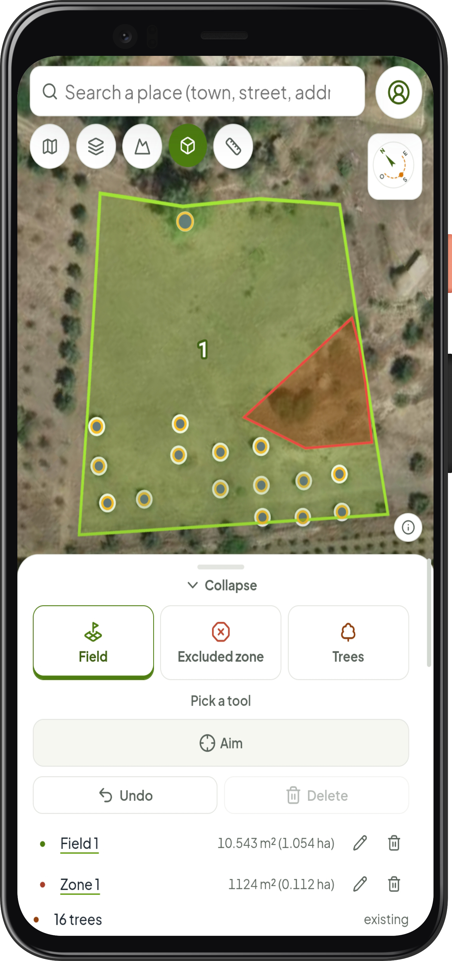 Disegno del terreno, zona esclusa e alberi esistenti in Forest Maker